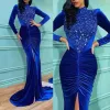 Glamous artı beden mavi denizkızı gece elbiseleri yüksek boyunlu uzun kollu dökümlü ön bölünmüş pileler taban uzunluğu özel yapım resmi balo elbisesi