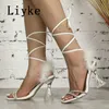 Summer Party Wedding Feather Sandals For Women Fashion Crystal Rhinestone Transparent High Heels Open Toe Lace Up Shoes 0129