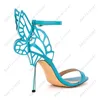 Heelslover, sandalias de verano para mujer, pasarela, mariposa, tacón alto fino, punta estrecha, preciosos zapatos de fiesta azules y naranjas, talla estadounidense 5-13