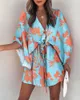 Casual Dresses Boho for Women Summer Loose Print VNeck Batwing Sleeve LaceUp Irregular Mini Dress Vestido 230130