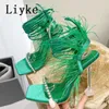 Runway Style Crystal Transparent Strange High Heels Sexig p￤ls fuzzy ankelband Kvinnor Sandaler Summer Party Dress Shoes Pump 0129