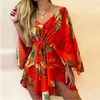 Casual Dresses Women Sexy V Neck Lace-up Floral Print Mini Dress Flared Sleeves Ladies Party Summer Beach Elegant