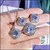 O7F2 Bröllopsmycken Set Sparkling Live Luxury Set 925 Sterling Sier Round Cut Moissanite Cz Diamond Gemstones Ring Necklace Stud Earrin