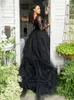 2023 Siyah Gotik Bir Çizgi Gelinlik Kadife Uzun Kollu Dantel Vintage Boho Gelinlikler Gelinler İçin Tül Süpürme Tren Elbisesi Seksi Açık