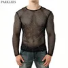 Men's T-Shirts Mens Transparent Sexy Mesh T Shirt See Through Fishnet Long Sleeve Muscle Undershirts Nightclub Party Perform Top Tees 230130