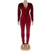 Women's Jumpsuits & Rompers Deep V Neck Long Sleeve Fitness Velvet Jumpsuit Women Elegant High Waist Drawstring Slim Bodysuit Fall Winter So