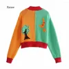 Femmes Tricots Tricoté Cardigan Femmes Mode Dessin Animé À Manches Longues Col En V Vintage Couleur Contraste Doux Kawaii Femme Tricot Pull Chic Hauts