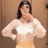 Japanese 2023 Spring New Sweet Women Blouses Tops Lapel Lantern Sleeve Patchwork Knitted Slim Pullover Shirts Fashion Blouses