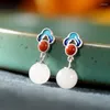 Studörhängen ES155ZFSILVER 925 Silver Korean Fashion Hetian Jade South Red Agate Cloud Dangle Ball Jewelry Women Match-All Girl Gift