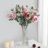 Decoratieve bloemen kransen luxe 4 hoofden Big Rose Branch met nepbladeren zijden kunstmatige flores kunstmatige woonkamer decoratie deco