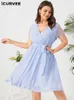 Plus size Dresses ICURVEE Elegant Mini Dress Summer Size Short Sleeve Lace Chiffon Bohemian Sundress Sexy V Neck Casual Party Beach Robe 230130