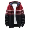 Men's Jackets Men Hooded Coat Vintage Print Drawstring Knitted Autumn Winter Thicken Plush Cardigan Sweater For Office