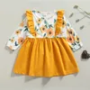 Flickaklänningar Kids Summer Dress Floral Stitching O-Neck Ruffled långa ärmar Casual kjol för flickor 18 månader till 5 år