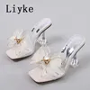 Big Size 45 46 Clear Heels For Women Slippers Black Mesh Bowknot Summer PVC Transparent Sandals Shoes Ladies Dress Pumps 0129