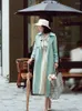 Women's Trench Coats French Lace Jacquard Women Green Long Sleeve Slim Mid-Long Windbreaker With Belts Spring Female Commuter
