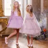 Abiti da ragazza Shinny Girls Party per il compleanno Maniche lunghe Scollo rotondo Perline Paillettes Bambini Tutu Abito da spettacolo a fiori con mantello