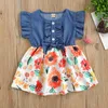 Meisje jurken peuter baby zomerjurk elegante ruches mouw knop vooraan denim tops bloemen tutu rok