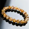 Strand äkta Brasilien Natural Yellow Golden Rutilated Quartz Crystal Clear Round Bead Charm Stretch Armband Pärlade strängar