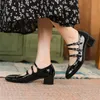 Dress Shoes Springsummer Mary Jane Patent Leather Woman Shoe French Square Toe Thick Heel Women Buckle Strap Commute Pumps 230130