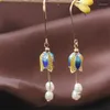 Dingle örhängen naturligt sötvatten vit pärla cloisonne för kvinnor engagemang hög kvalitet lång hängande krok örhänge smycken