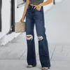 Kvinnors jeans streetwear långa byxor denim för kvinnor plus size ficka höga midja hål byxor dagligen liv