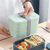 Servis uppsättningar vete halm lunchlåda med väska japansk mikrovågsugn bento gaffel sked behållare för studentkontorspersonal