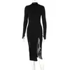 Lässige Kleider Chicology Frauen Herbst Winter O Stehkragen Langarm Schwarz Seitenschlitz Midi Sexy Rippenstrick Stretchy Elegantes Kleid 230130