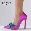 Elegant Party Wedding Banquet Shoes Sexy Green Silk Butterfly-knot High Heels Ladies Pointed Toe Stiletto Women Pumps 0129