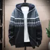 Men's Jackets Men Hooded Coat Vintage Print Drawstring Knitted Autumn Winter Thicken Plush Cardigan Sweater For Office