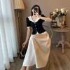 Two Piece Dress Summer Elegant Women Skirt Sets Retro Office Lady Outifits Puff Sleeve Black Top A Line Skirts Korean Fashion Sweet Hepburn Suit 230130