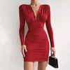 Casual Dresses Winter 2023 Women Bodycon Mini Dress Sexy V-Neck Slim Vintage Solid Party Long Sleeve Ruched Clubwear Female