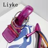 Sexy High Heels Slipper For Women Summer Fashion Crystal Narrow Band Square Toe Slides Stripper Party Sandal Mule Shoes 0129