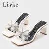 Nouveau Design Cristal Bowknot Femmes Pantoufles D'été Étrange Talons Carrés Mules Curseurs Chaussures À Bout Ouvert Plage Gladiateur Sandales 0129