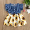 Meisje jurken peuter baby zomerjurk elegante ruches mouw knop vooraan denim tops bloemen tutu rok