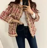 Kvinnors jackor högkvalitativ tweed ulljacka kvinnor vinter varm rosa grön rutig enkelbröst cardigan kappa outwear koreansk plus storlek