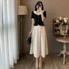Two Piece Dress Summer Elegant Women Skirt Sets Retro Office Lady Outifits Puff Sleeve Black Top A Line Skirts Korean Fashion Sweet Hepburn Suit 230130