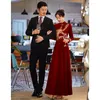 Ethnic Clothing Phoenix Embroidery Chinese Style Evening Party Dress Gown Burgundy Velour Qipao Pleated Mandarin Collar Cheongsam Lady