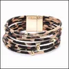 Łańcuchowe łańcuch Leopard Skórzane bransoletki dla kobiet mtilayer pu szeroka opakowanie bransoletka mankieta mankieta z magnetyczną klamrą biżuterii Dr DH9MV
