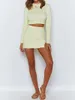 Work Dresses Solid Knit Skirt Set Woman Mock Neck Long Sleeve Crop Top High Waist Slit Mini Spring Casual Classic 2 Pieces Sets 2023