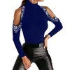 Dames t -shirt dames blouse off schouderveer lange mouwen pailletten patchwork turtleneck top vrouwen kleding 2xl 230131