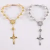 Link armbanden imitatie Pearl kralen 10 mm torus rozenkrans katholieke Holy Communion Cup Kruiskruising Crucifix verfraaiing Hangers armbandlegering