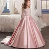 Fille Robes Satin Fleur À Manches Longues O-cou Perles Robe De Bal Solide Formelle Première Sainte Communion Robes De Fête D'anniversaire