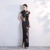 Etniska kläder sexiga tryck blommor mandarin krage qipao lady satin long cheongsams elegant vintage knapp kinesisk klänningar klänning överdimensionerad