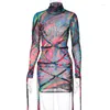 Abiti casual 2023 manica lunga collo alto nastro stampato mini abito in rete primavera estate moda donna streetwear clubwear abbigliamento da festa