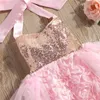 Peleles de cuello Halter para niñas pequeñas, Pelele infantil de estilo dulce, decoración de lentejuelas rosas, mono sin mangas de empalme de malla, vestido de 0 a 24 meses