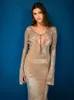 Casual Kleider VC Für Frauen Tiefe V Plunge Sexy Lange Ärmel Knöchel Länge Pailletten Bodycon Kleidung Abendkleid Vestido 230130