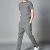 Heren t shirts zomer rimpel linnen heren shirt shirt korte mouw grote casual o-neck losse tweedelige pakken baggy sets m-9xl