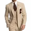 Herenpakken Beige bruidegom smoking voor bruiloft prom slanke fit mannen piek reve male mode 3 -delige set jas met broekvest