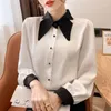 Blusas femininas 2023 Spring Color Block Bloco Bowtie Collar elegante Office Lady Lady Mulheres Camisa Plus Tamanho de Manga Longa Chiffon Chiffon Chemise