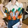 Women's Blouses Shirts H Han Queen Office Lady Blusa Turndown Collar Vintage Print Tops Elegant Chiffon Women Long Sleeve Casual 230131